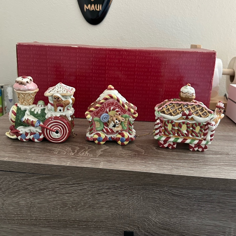 Vtg 2001 Fitz & Floyd Candy Lane Express Train Christmas 3 Piece Set Orig Box